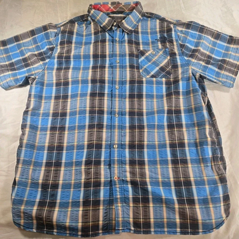 The North Face Mens Blue Plaid Seersucker Short Sleeve Button Shirt Size XXL